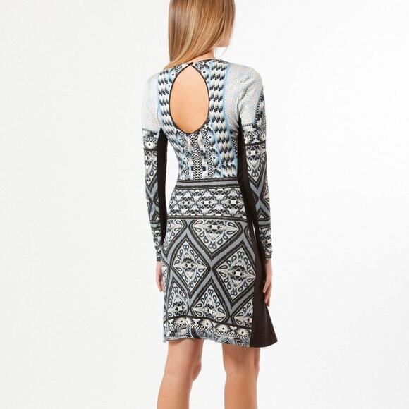 Hale Bob Geometric Print Bodycon Mini Dress XS Long Sleeve Jersey Knit Black - Picture 2 of 14